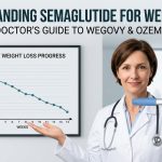 A professional female doctor in a white lab coat holding a weekly semaglutide injection pen. In the background, a line graph titled 'Weekly Weight Loss Progress' shows a steady downward trend over 14 weeks. The overlay text reads: 'Understanding Semaglutide for Weight Loss: A Doctor's Guide to Wegovy & Ozempic.