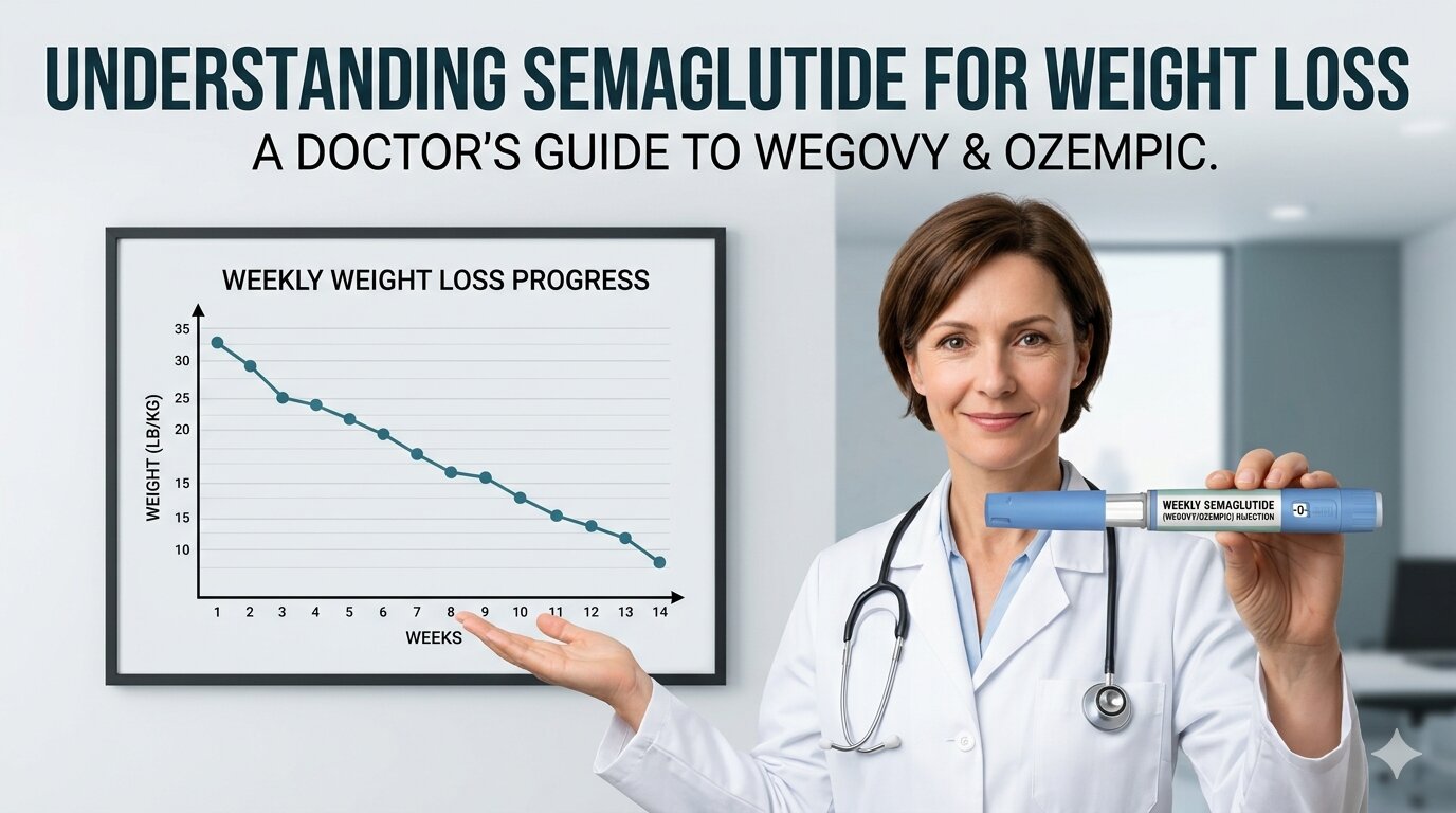 A professional female doctor in a white lab coat holding a weekly semaglutide injection pen. In the background, a line graph titled 'Weekly Weight Loss Progress' shows a steady downward trend over 14 weeks. The overlay text reads: 'Understanding Semaglutide for Weight Loss: A Doctor's Guide to Wegovy & Ozempic.