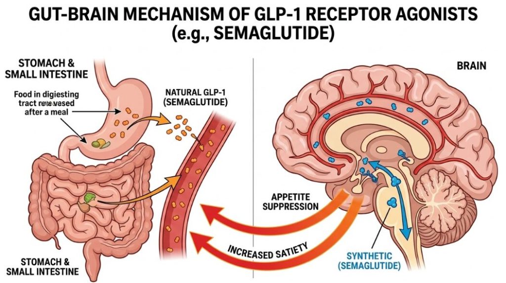 A comprehensive medical diagram illustrating the gut-brain axis mechanism for GLP-1 receptor agonists, such as semaglutide (found in Ozempic and Wegovy). The illustration explains how these drugs reduce hunger and increase fullness by binding to GLP-1 receptors in the hypothalamus and brainstem, which signals satiety and slows gastric emptying.